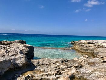 Scenic view of sea against clear blue sky