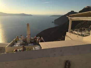 High angle view of built structure by sea against sky