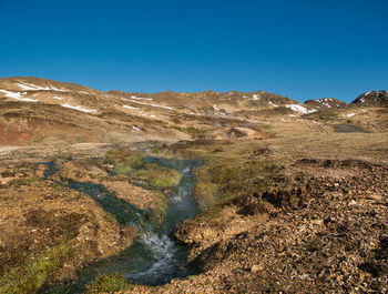 Scenic view of mountains against clear blue sky