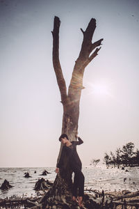 Woman standing against driftwood at beach against sky