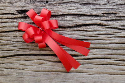 High angle view of red tied up on wood