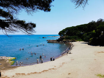 Group of people on beach against clear sky