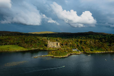 Dunvegan castle and harbour on the island of skye, scotland at cloud day