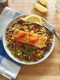 High angle view of meal served on table