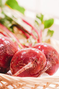 Close-up of red beets on table