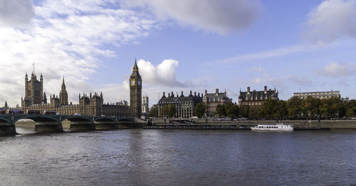 Bridge over river with city in background