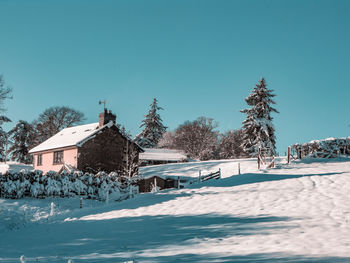 Snow covered houses and trees against clear sky