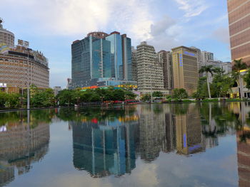 Reflection of buildings in lake against sky