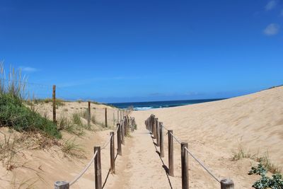 Scenic view of beach against clear blue sky