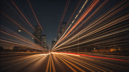 Low angle view of light trails on road at night