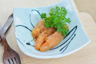 High angle view of food in plate on table