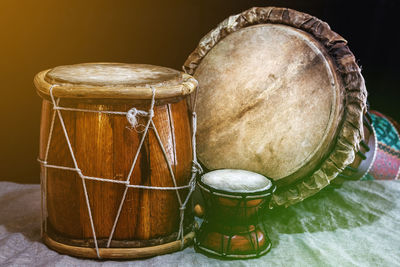 Close-up of musical equipment on floor