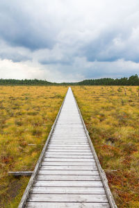 View of dirt road on field against sky