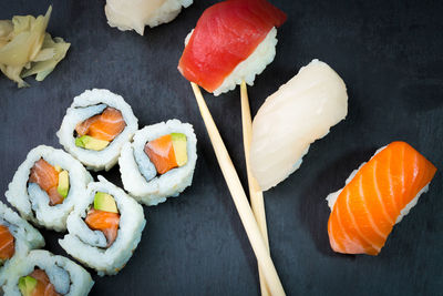 High angle view of sushi on plate