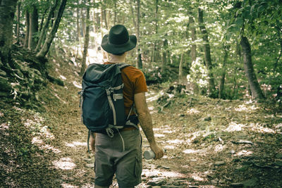 Rear view of man walking in forest