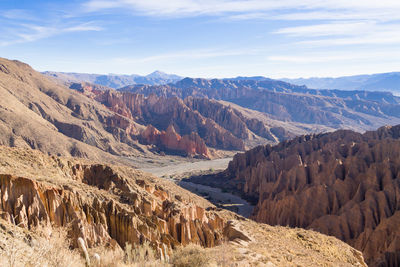 Aerial view of rock mountain range against sky