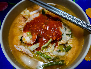 High angle view of soup in bowl on table