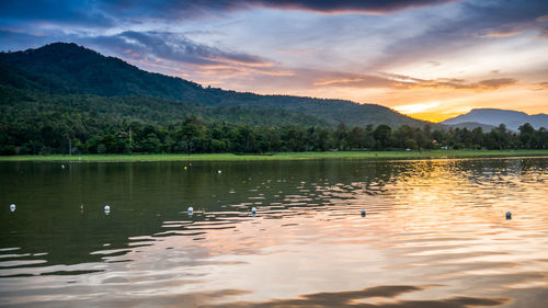 Scenic view of calm lake at sunset