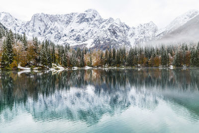 Scenic view of lake by snowcapped mountains against sky