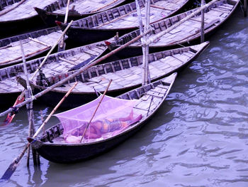 High angle view of boat sailing in sea