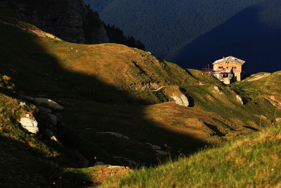 High angle view of chalet on mountain at bucegi natural park