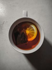 High angle view of tea in cup on table