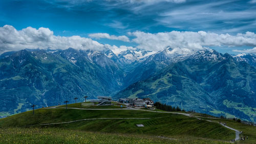 Scenic view of snowcapped mountains against sky