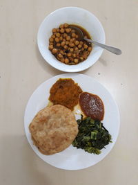 High angle view of breakfast served on table