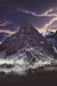 Scenic view of snowcapped mountains against sky during sunset