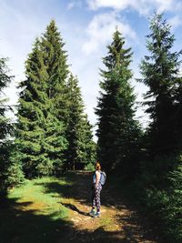 Full length of woman standing amidst trees against sky