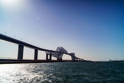 Bridge over calm sea against clear sky
