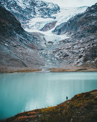 Scenic view of lake and snowcapped mountains