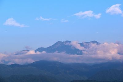 Scenic view of mountains against sky during sunset