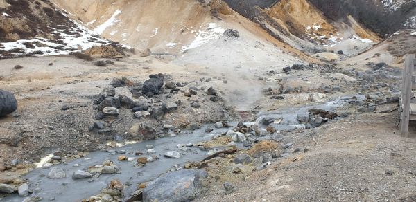 Aerial view of snow covered land