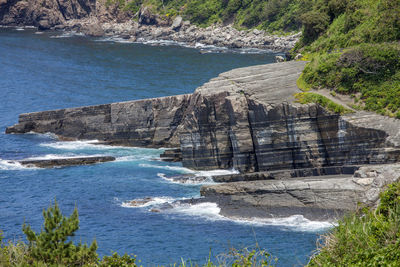 Scenic view of sea by cliff