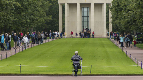 Rear view of people standing by tree