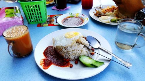 High angle view of meal served in plate on table