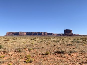 Built structure on field against clear blue sky