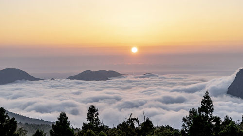 Scenic view of mountains against sky during sunset