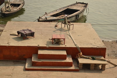 High angle view of fishing boats moored in river