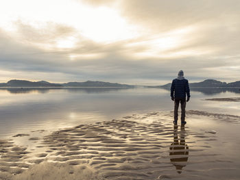 Rear view of man standing on shore at beach against sky