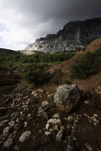 Rock formation on land against sky