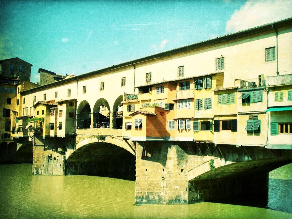 architecture, built structure, building exterior, arch, building, residential building, residential structure, auto post production filter, transfer print, water, city, sky, reflection, canal, window, outdoors, history, bridge - man made structure, connection, no people