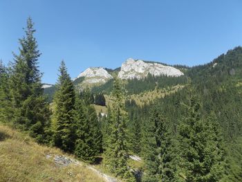 Scenic view of mountains against clear blue sky