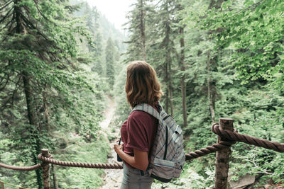 Rear view of woman standing amidst trees in forest