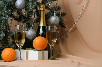 High angle view of christmas decorations on table