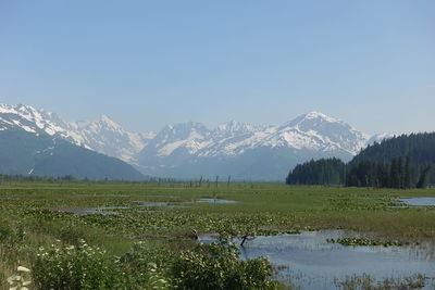 Scenic view of snowcapped mountains against clear sky