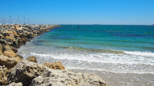 Scenic view of sea against clear blue sky