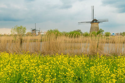 Traditional windmill on field against sky