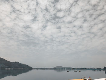 Scenic view of lake against cloudy sky